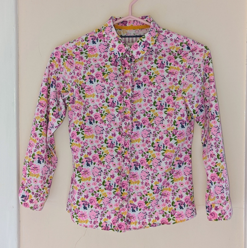 Land's End childrens kids blouse floral ruffles collar button down cotton size 8
